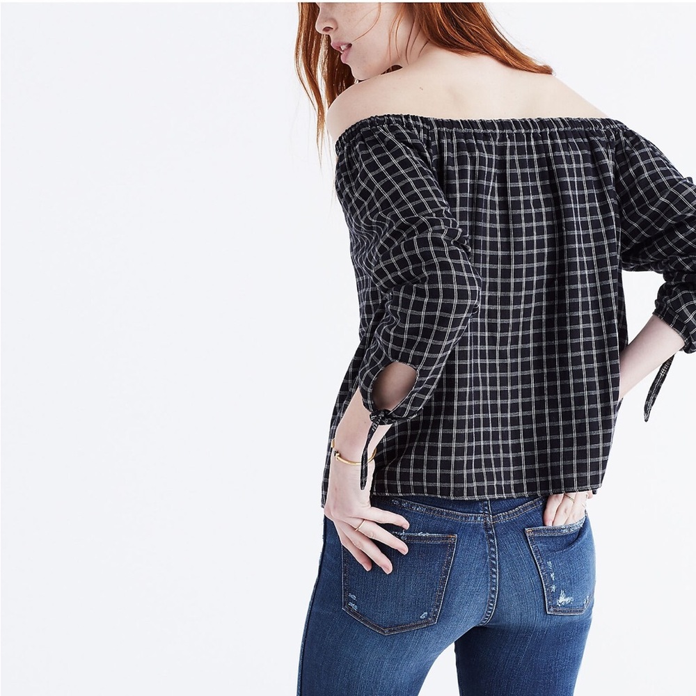 Madewell Black White Plaid Off The Shoulder Top Medium - Picture 2 of 5